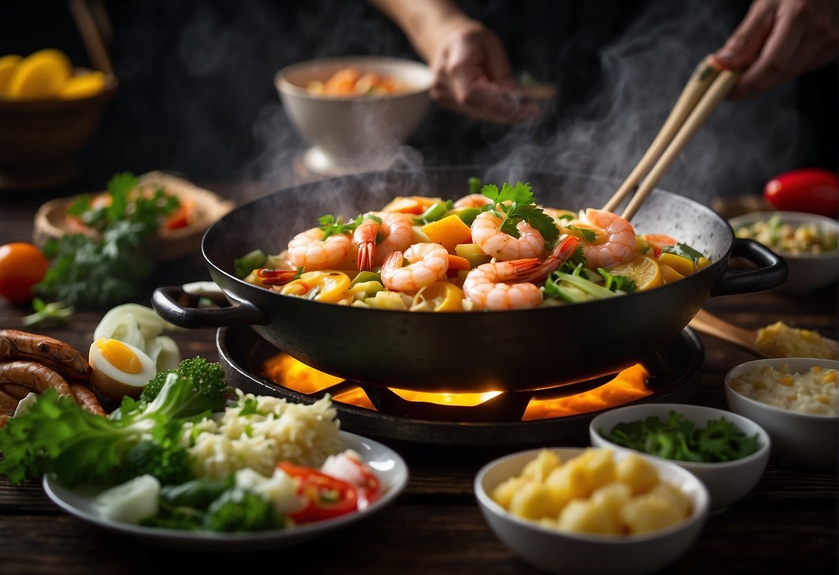 A sizzling hot wok with Chinese king prawn omelette cooking, surrounded by fresh ingredients like eggs, prawns, and vegetables