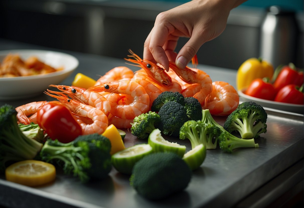 A hand reaches for prawns, broccoli, and bell peppers on a kitchen counter