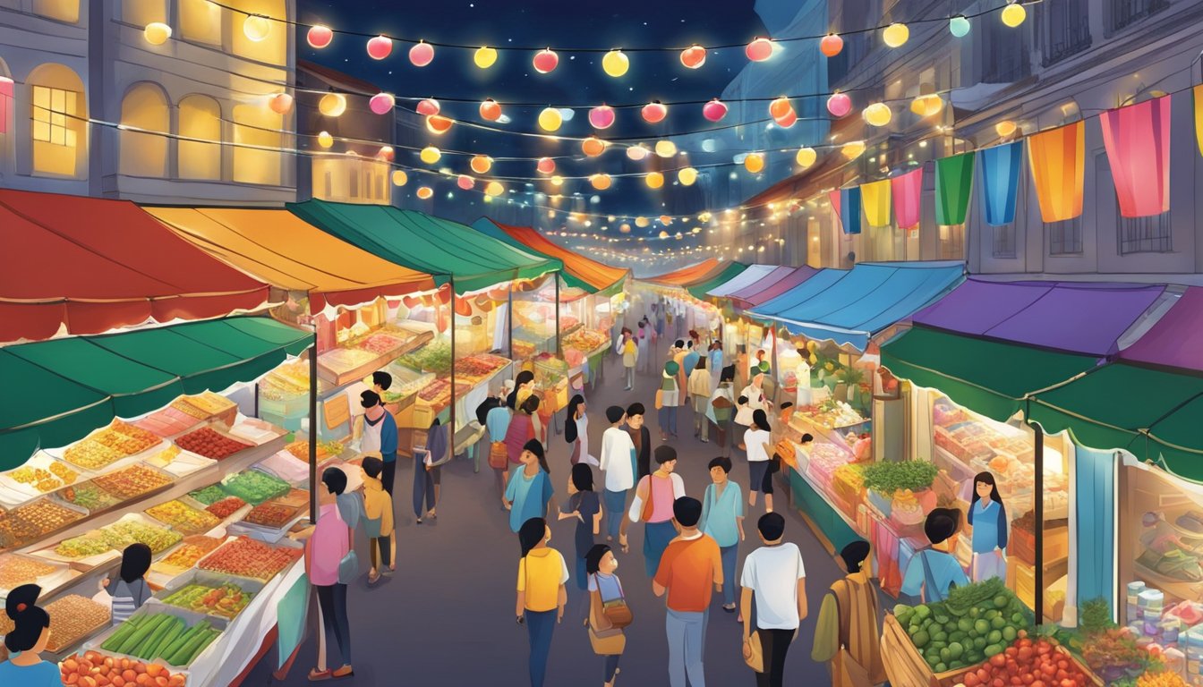 A bustling street market in Singapore, adorned with colorful banners and twinkling Christmas lights. Vendors display an array of festive decorations, attracting shoppers with holiday cheer