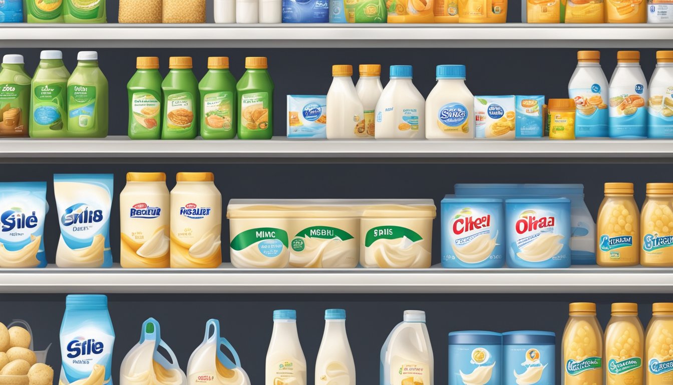 A grocery store shelf displays various brands of milk powder in Singapore