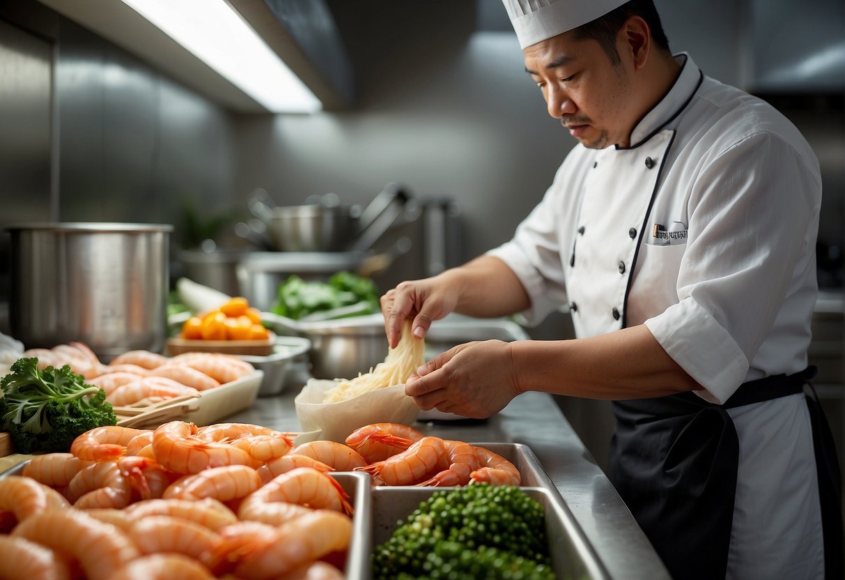 A chef carefully lays out ingredients for prawn rolls on a clean, organized kitchen counter, ready to begin the Chinese New Year recipe