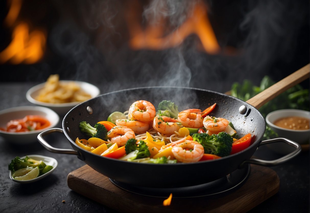 A sizzling wok with sizzling prawns, eggs, and vegetables being tossed together, emitting a tantalizing aroma