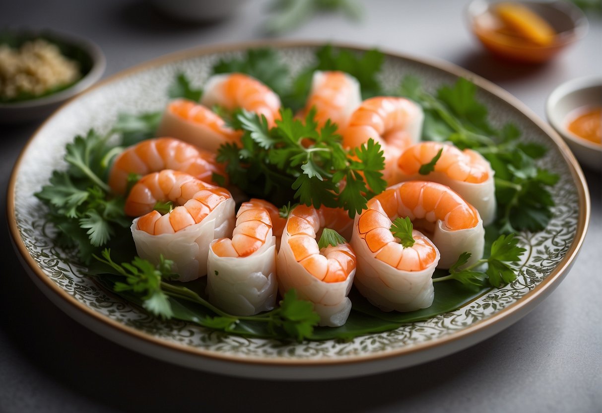 A platter of prawn rolls arranged in a circular pattern, garnished with fresh herbs and served on a decorative plate for Chinese New Year celebration