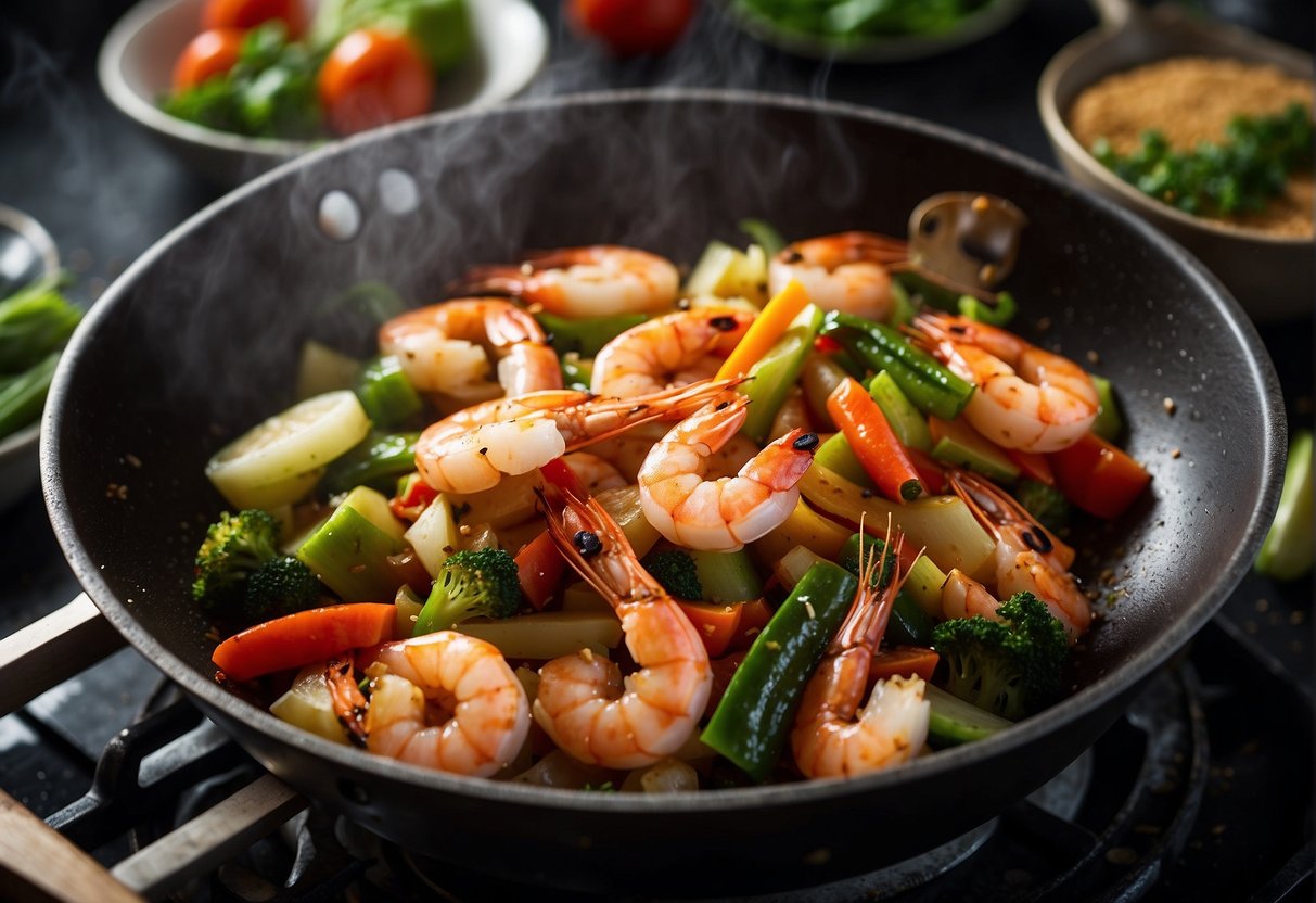 Prawns and vegetables sizzling in a wok with aromatic Chinese spices and sauces