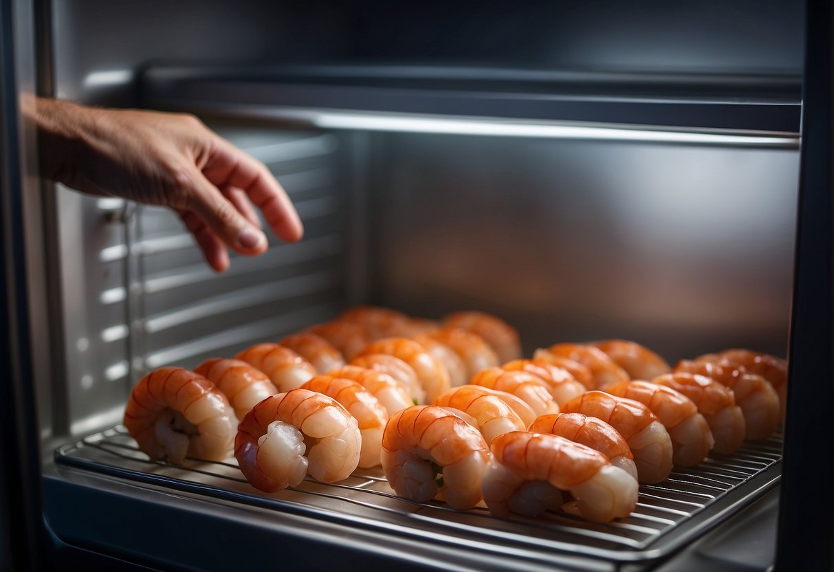 A prawn roll is being stored in an airtight container in the refrigerator. A person is seen reheating the roll in a microwave