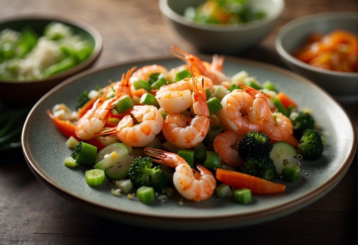 A plate of stir-fried prawns and mixed vegetables, garnished with sesame seeds and green onions, served on a traditional Chinese dish