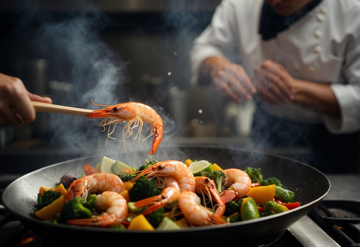 A sizzling wok tosses plump prawns, crisp vegetables, and aromatic Chinese spices. Steam rises as the chef adds a splash of soy sauce, creating a tantalizing aroma