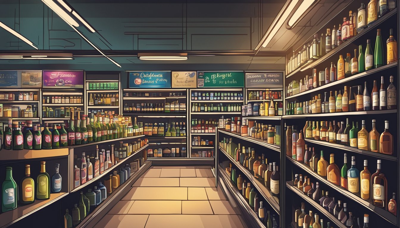 A cluttered, dimly lit liquor store in Singapore, shelves stocked with various bottles of alcohol, a sign advertising discounted prices