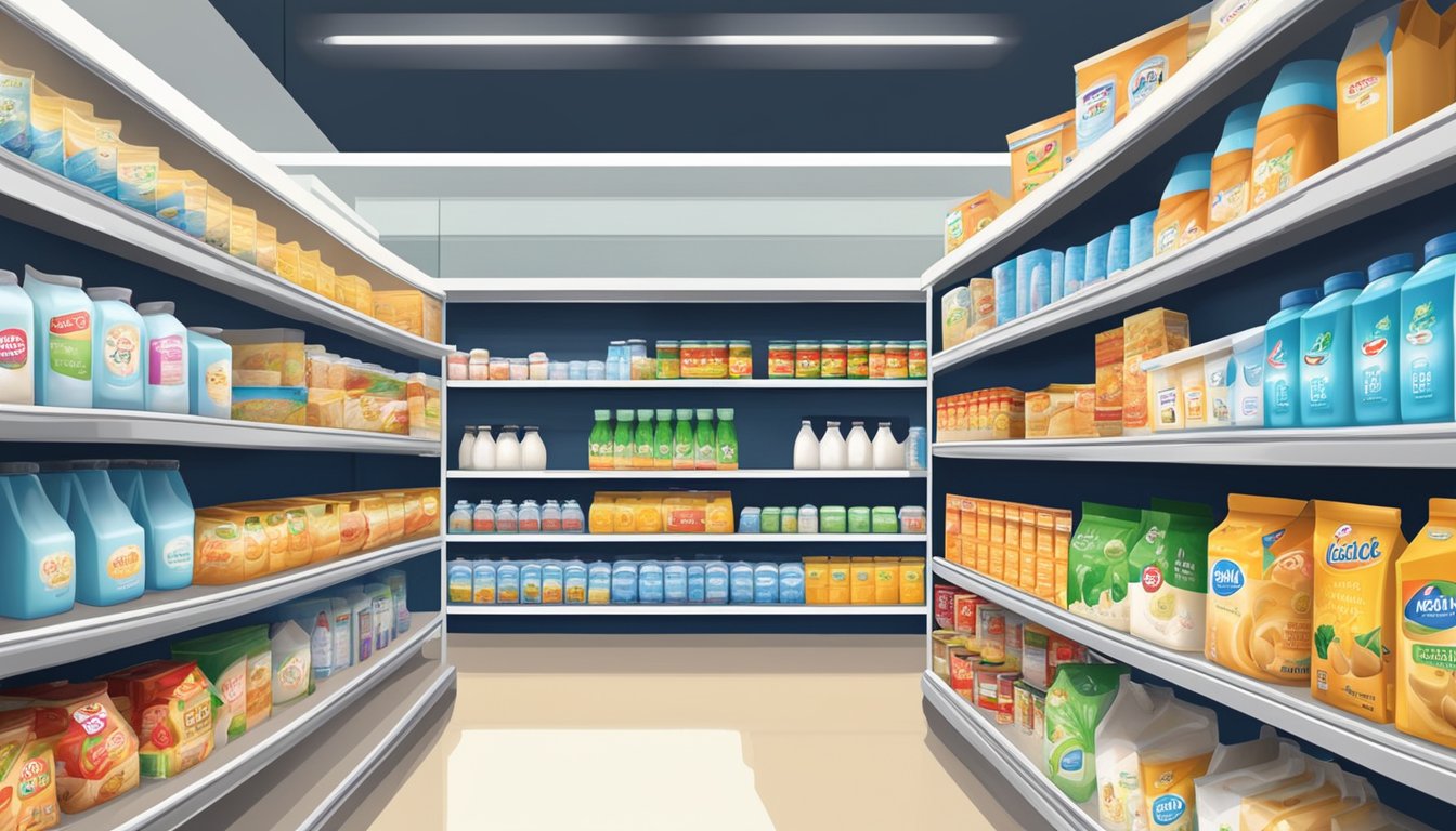 Shelves stocked with various brands of milk powder in a grocery store in Singapore