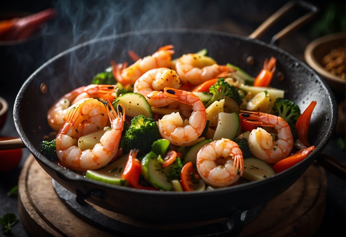 A sizzling wok stir-frying plump prawns, crunchy vegetables, and aromatic Chinese seasonings