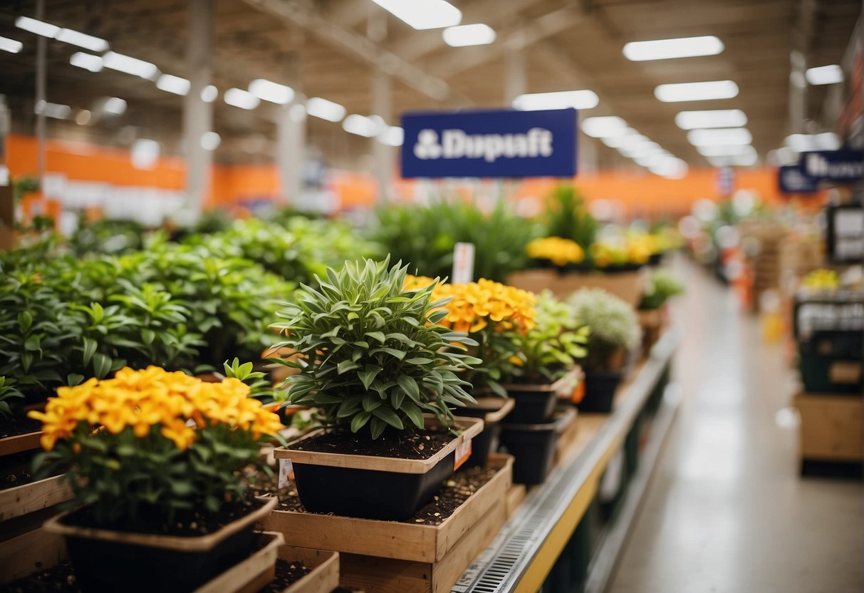 Home Depot outdoor plant section opens with colorful displays and signage, eager customers browse and ask staff about plant care