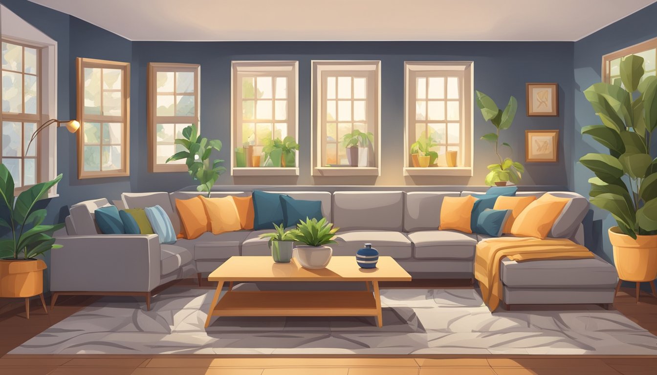 A cozy living room with a wall clock as the focal point, surrounded by comfortable furniture and warm lighting