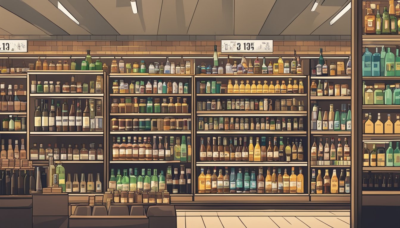 A crowded liquor store with shelves filled with discounted alcohol bottles and signs advertising the cheapest prices in Singapore
