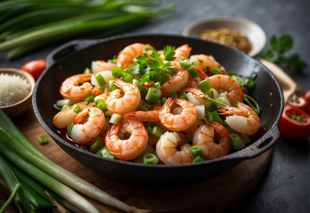 A sizzling wok of garlic, ginger, and chili-coated king prawns, surrounded by vibrant green spring onions and fragrant cilantro