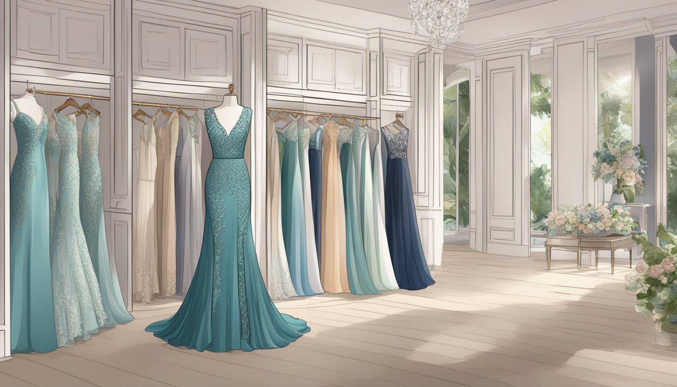 A luxurious boutique in Singapore showcases elegant mother of the bride dresses, with intricate lace details and flowing silhouettes