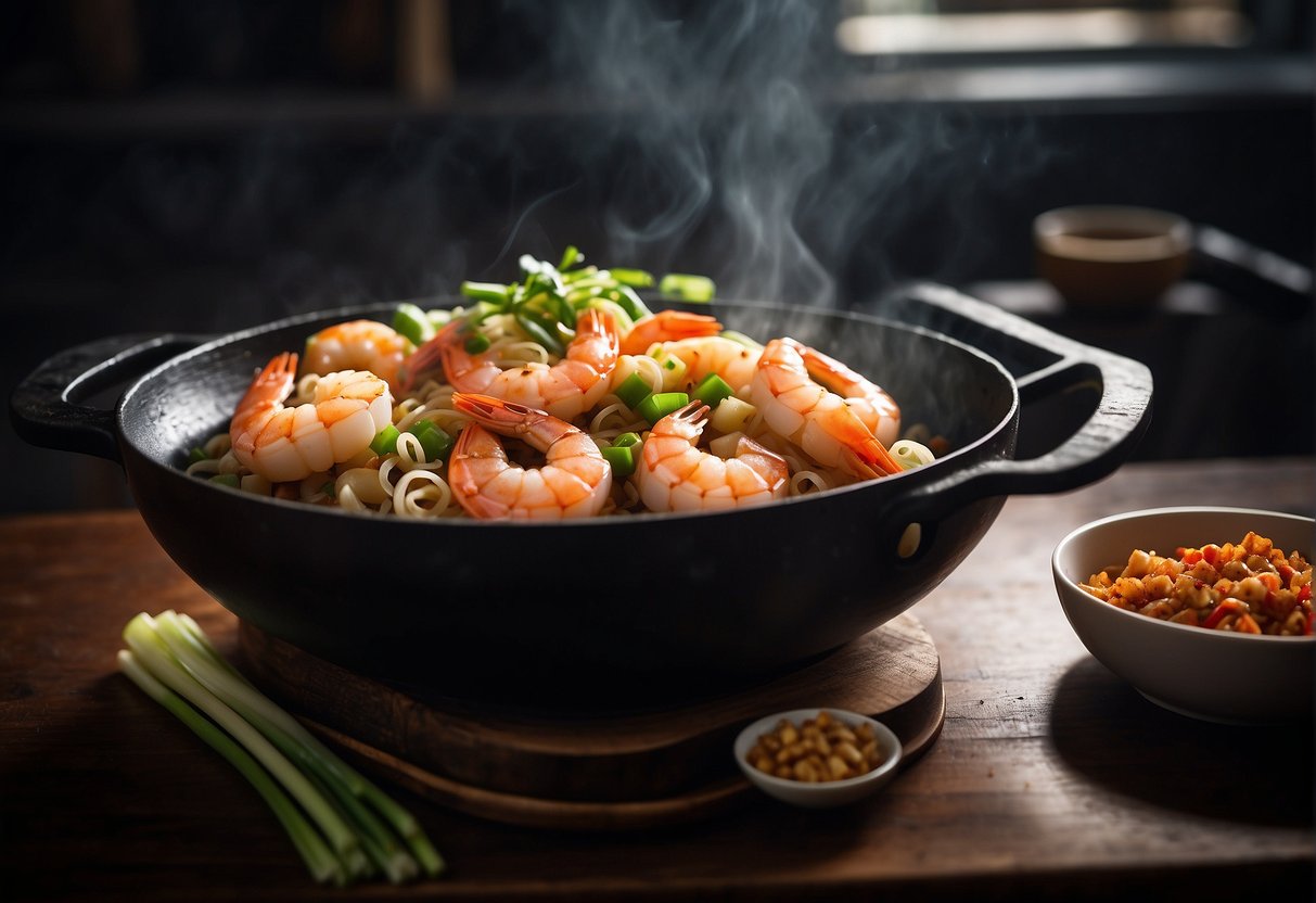 A wok sizzling with king prawns, garlic, ginger, and spring onions. Surrounding it are soy sauce, rice wine, and chili flakes