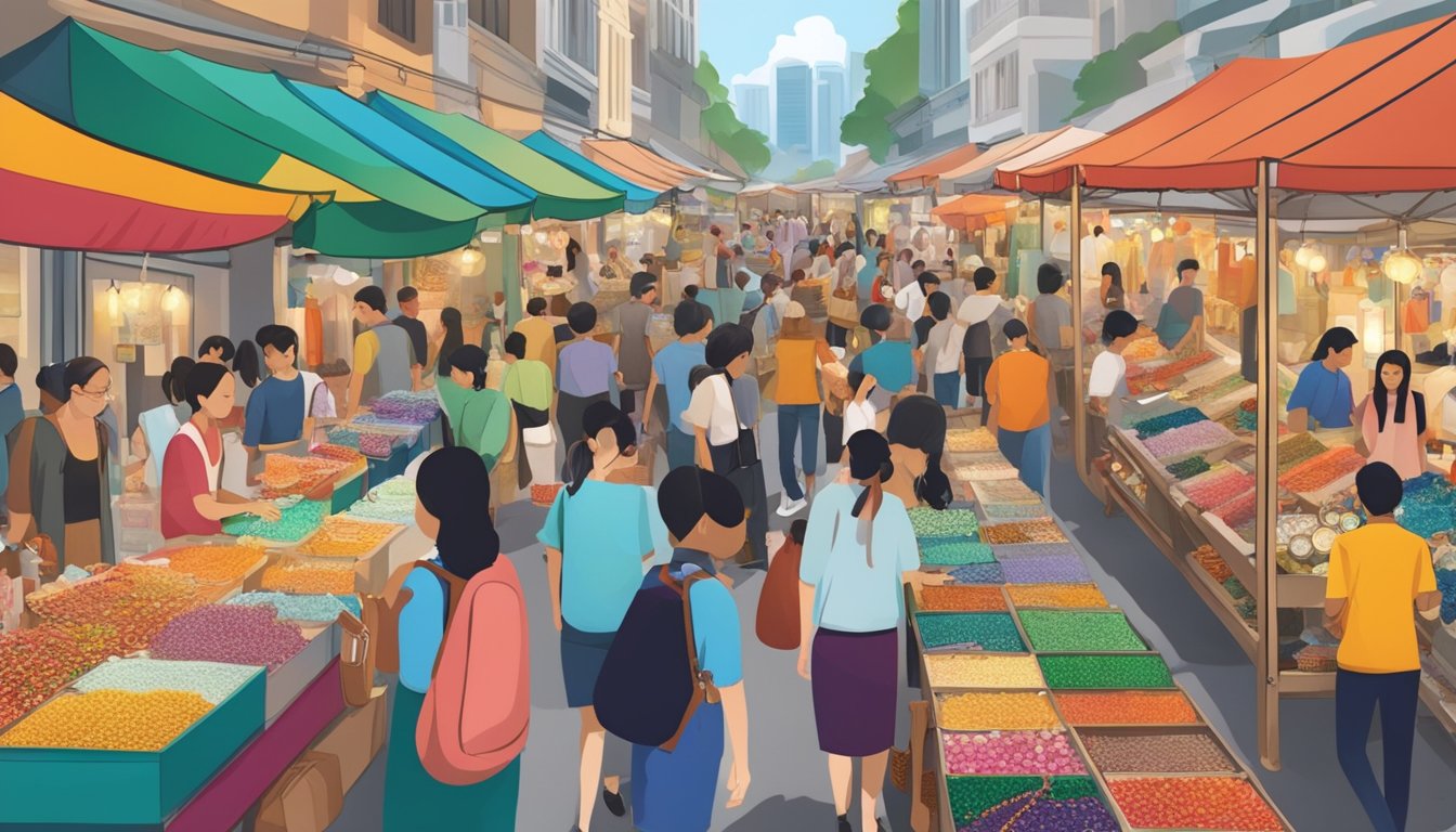 A bustling street market in Singapore, with colorful stalls displaying a variety of exquisite necklaces. Shoppers browsing through the intricate designs and vibrant gemstones