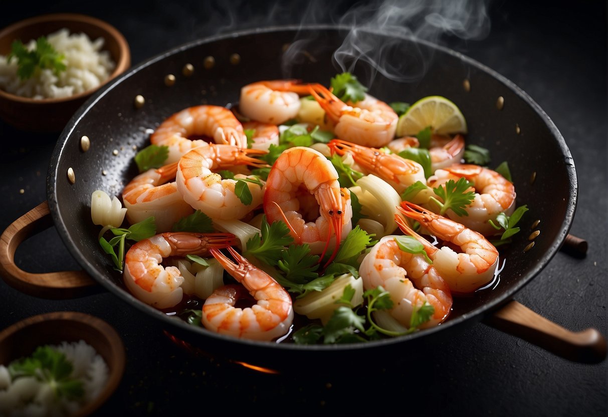 Chinese king prawns sizzling in a wok with garlic, ginger, and soy sauce. Steam rises as the prawns are tossed and stir-fried with precision