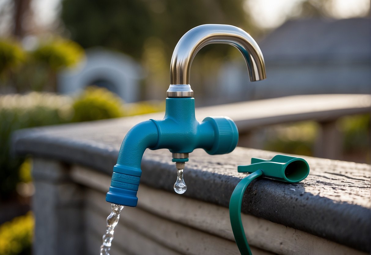 An outdoor faucet is being insulated with foam cover. The cover is being secured in place with tape to protect the faucet from freezing temperatures