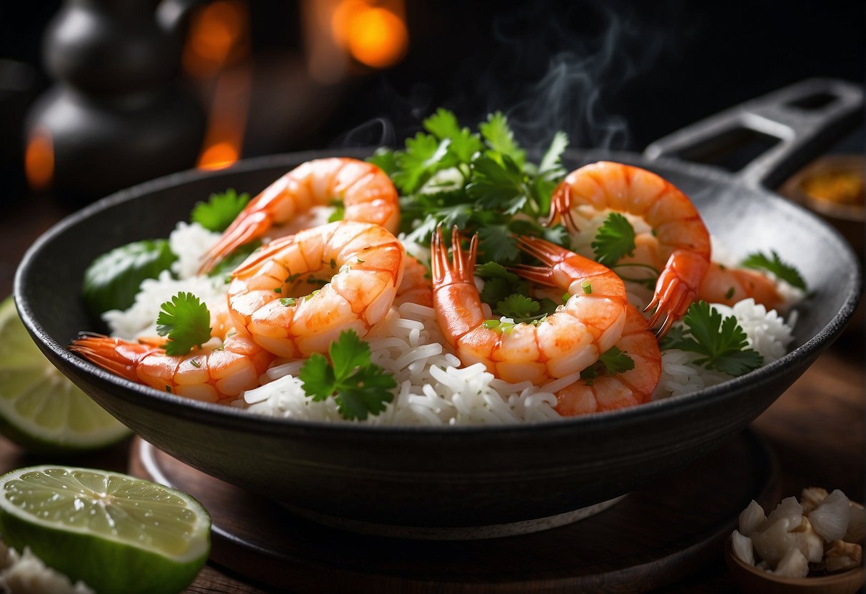 A sizzling wok filled with succulent Chinese king prawns, stir-fried with ginger, garlic, and chili, garnished with fresh cilantro and served on a bed of steaming jasmine rice