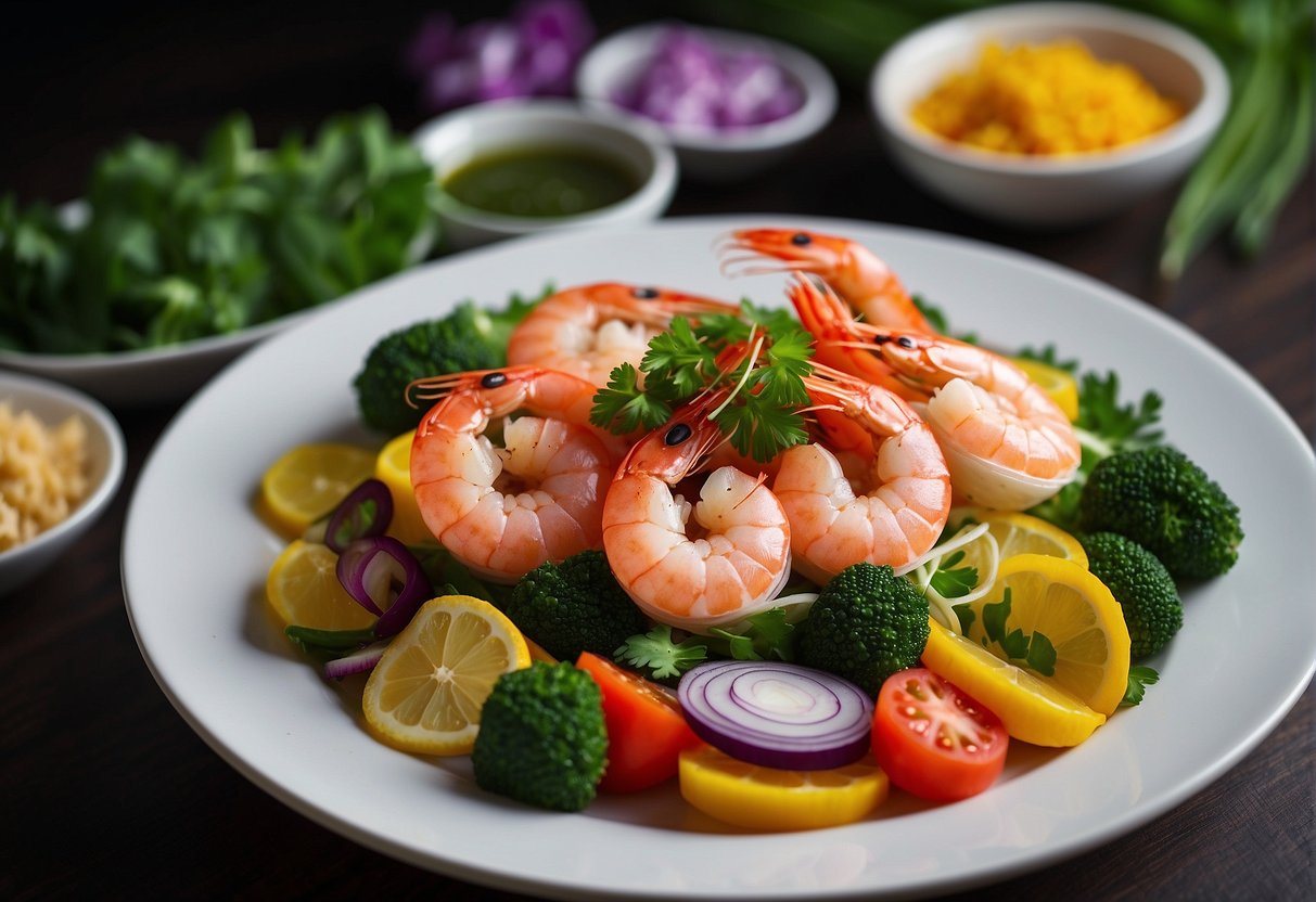 A white plate with neatly arranged Chinese king prawns, garnished with fresh herbs and surrounded by colorful vegetables