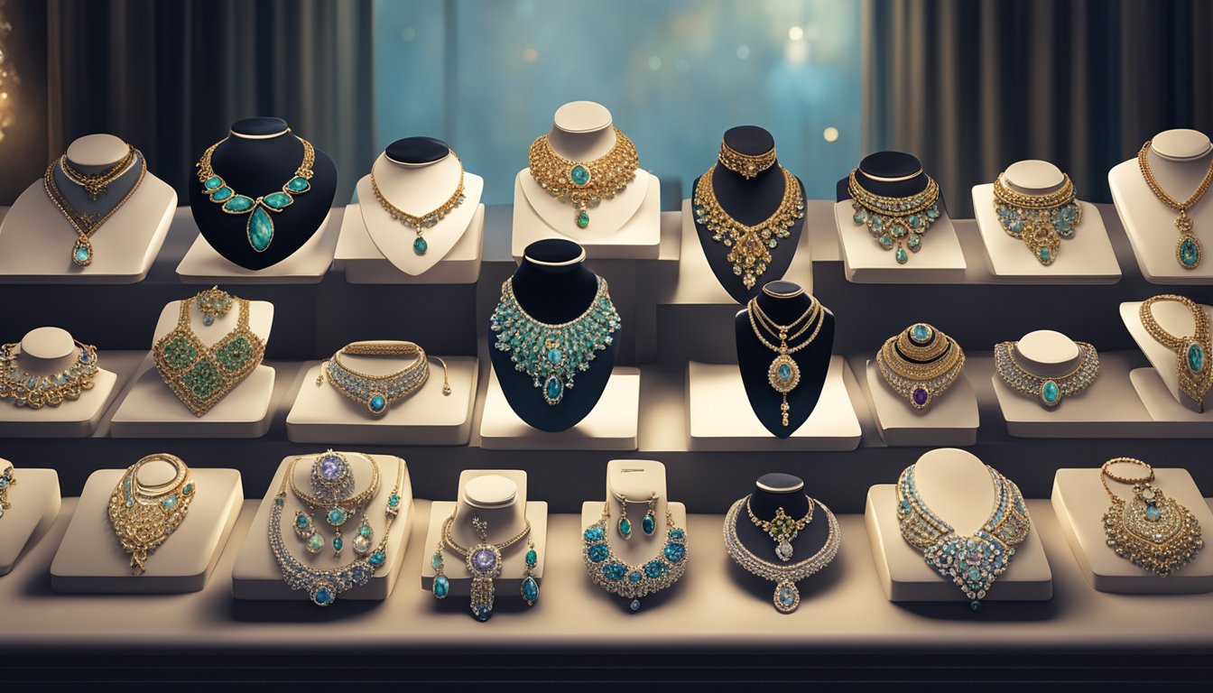 A display of various necklaces arranged on a velvet-lined counter in a boutique, with soft lighting highlighting the intricate details and shimmering gemstones