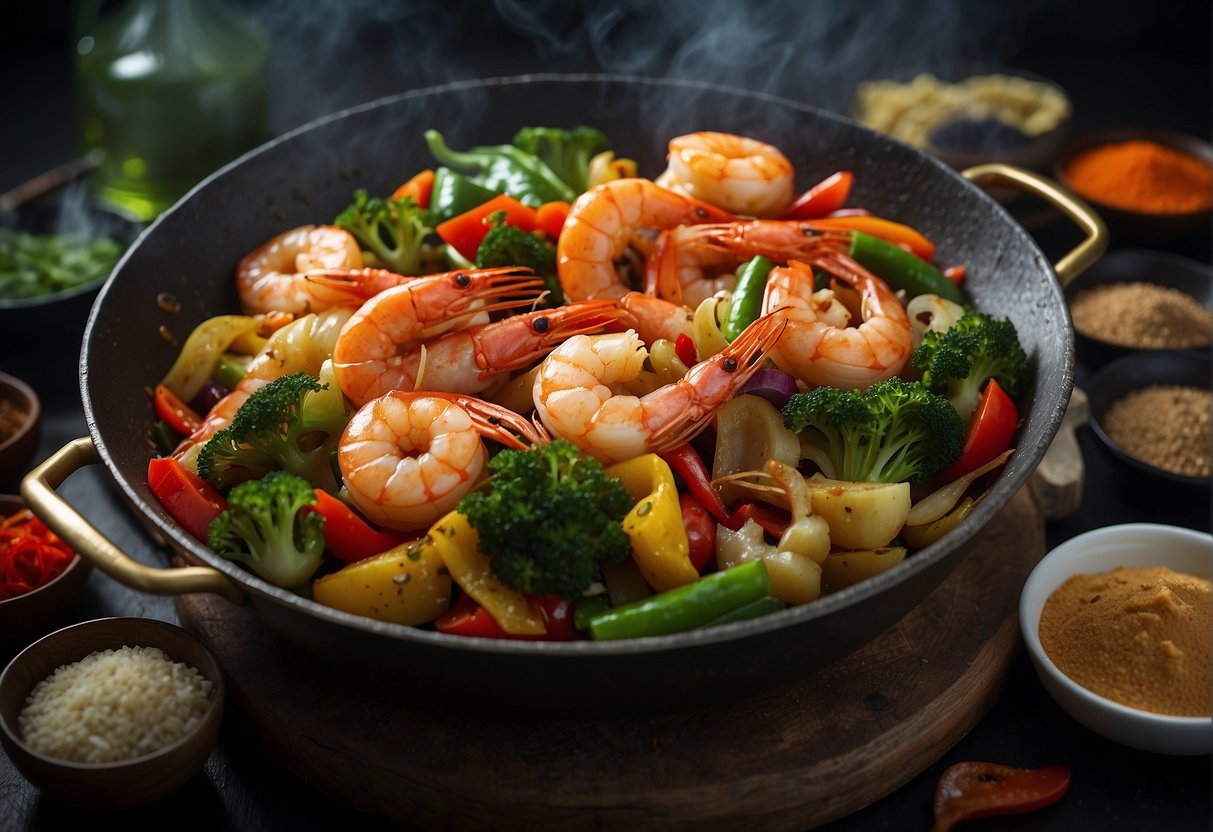 A sizzling wok with colorful stir-fried vegetables and succulent king prawns, surrounded by a variety of aromatic Chinese spices and sauces