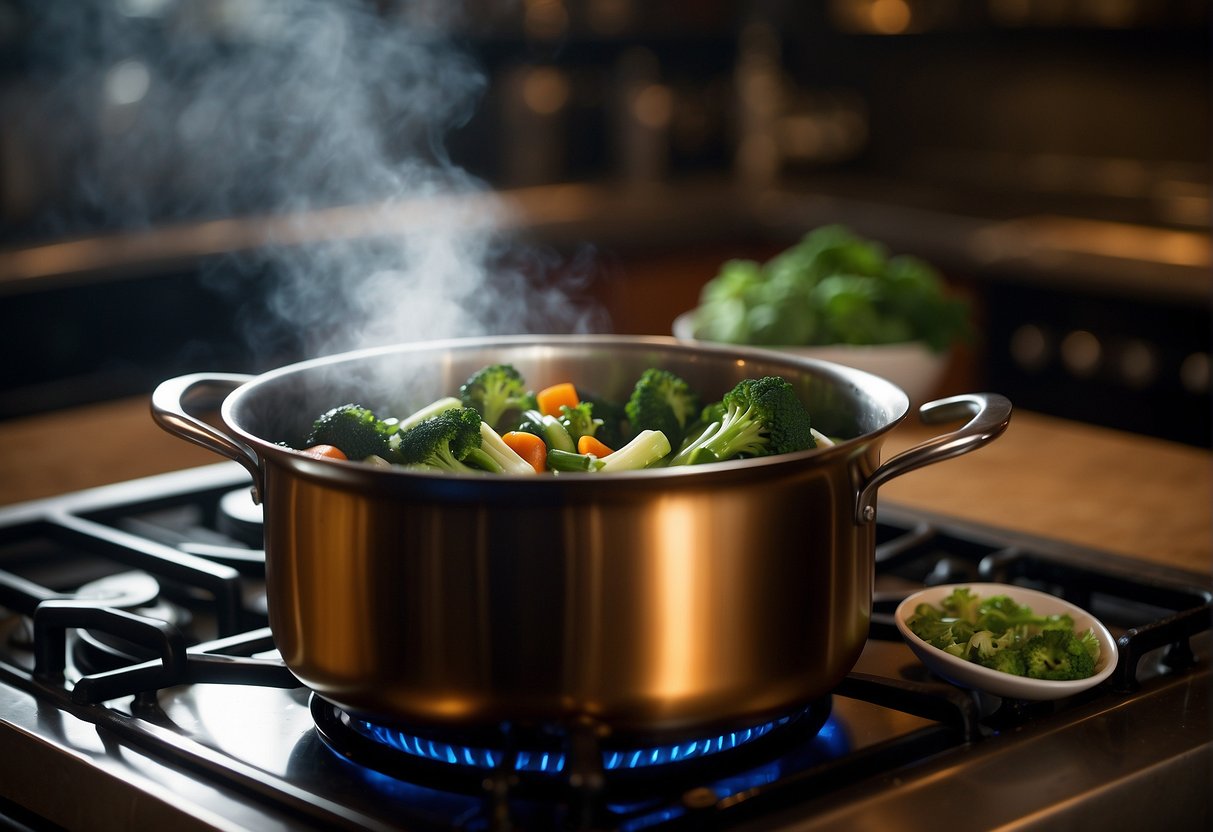 A steaming pot of preserved vegetables simmers on a stove, filling the air with rich aromas of soy sauce, garlic, and ginger. The vegetables glisten with a glossy sheen, ready to be served as a flavorful side dish