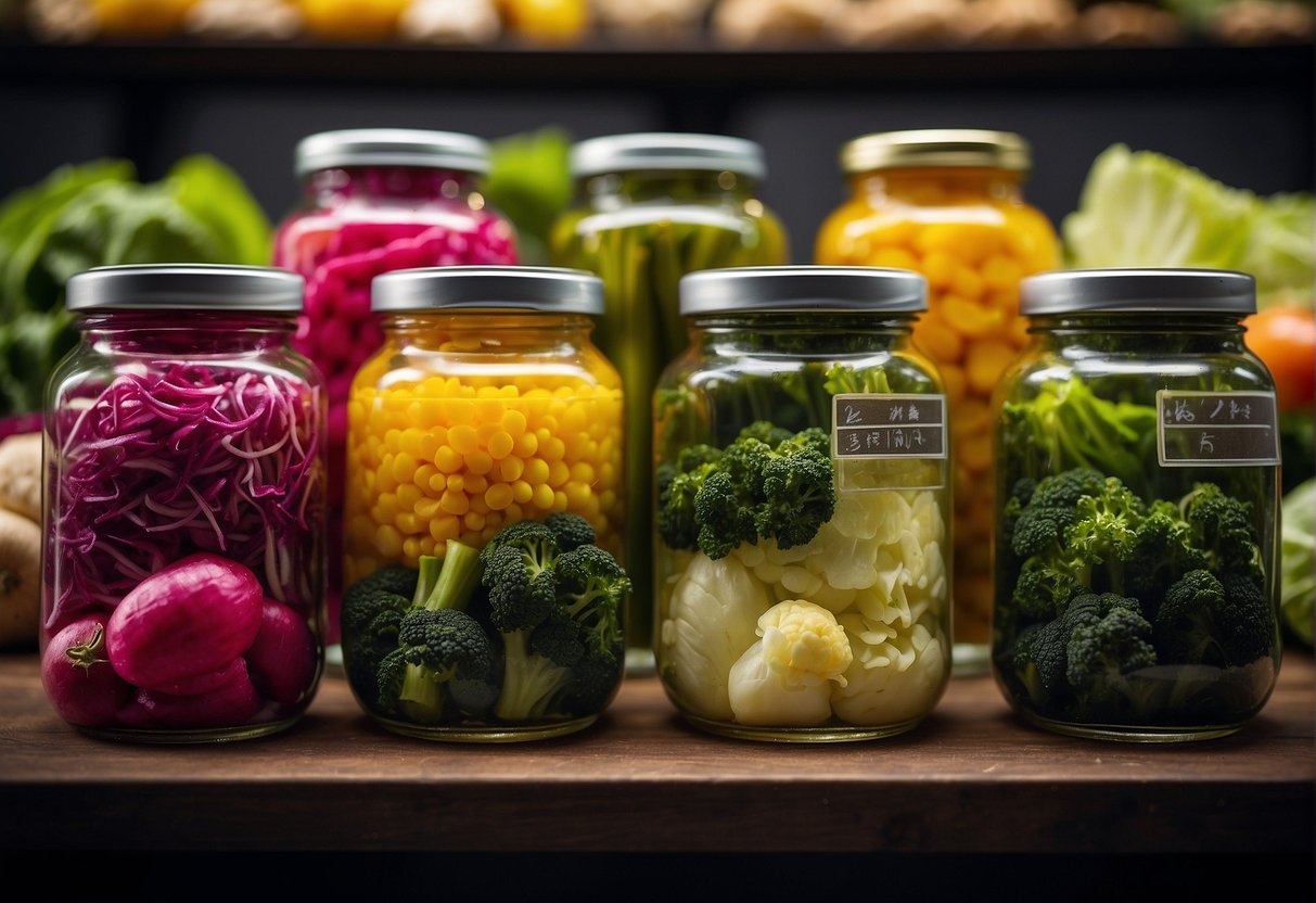 A variety of preserved vegetables, including cabbage, radish, and mustard greens, are neatly arranged in glass jars, showcasing their vibrant colors and textures