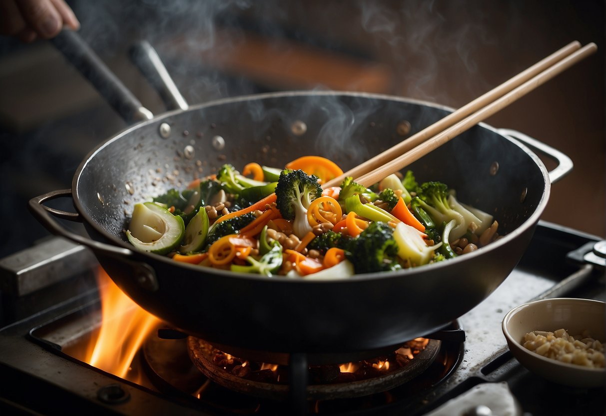 A wok sizzles with preserved vegetables, garlic, and ginger. Steam rises as the ingredients are tossed and stir-fried in a traditional Chinese recipe