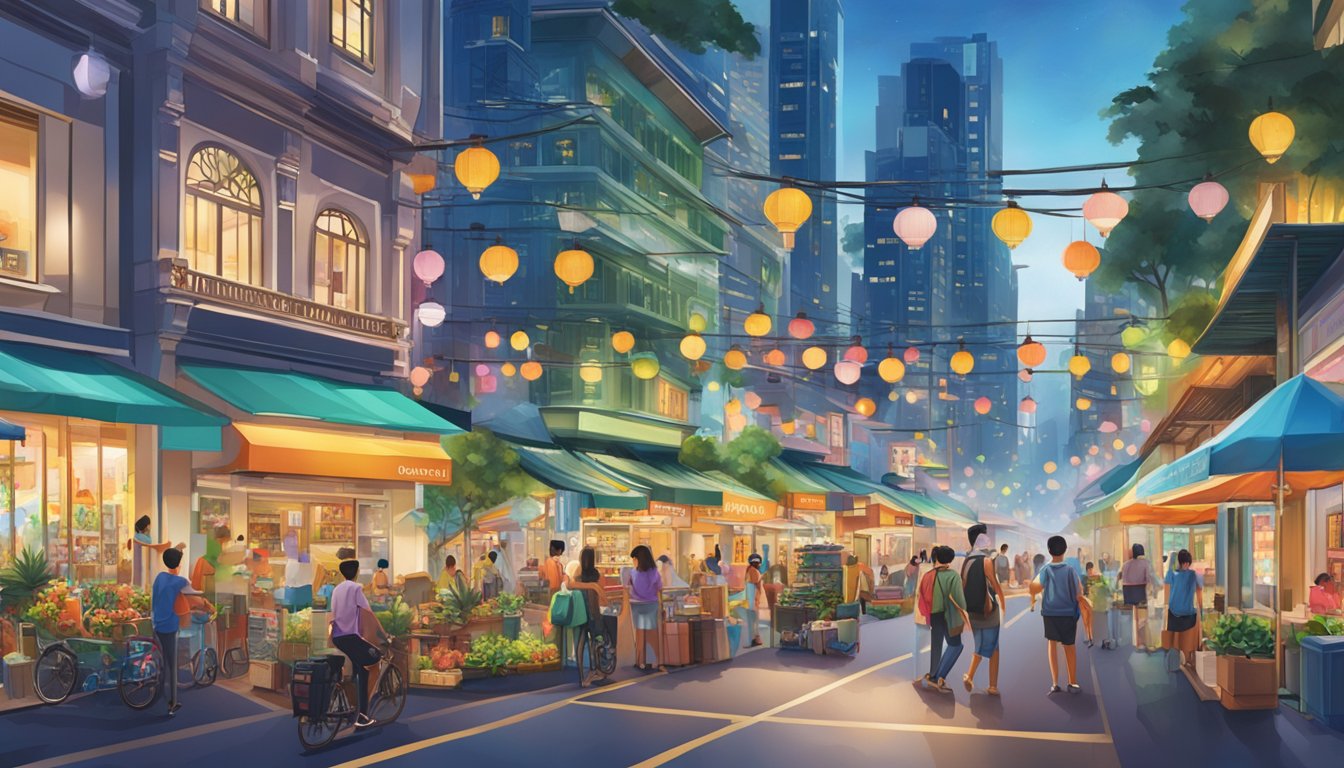 The bustling streets of Singapore, with the iconic Edifier store standing out among the other shops and buildings. Bright lights and vibrant colors fill the scene