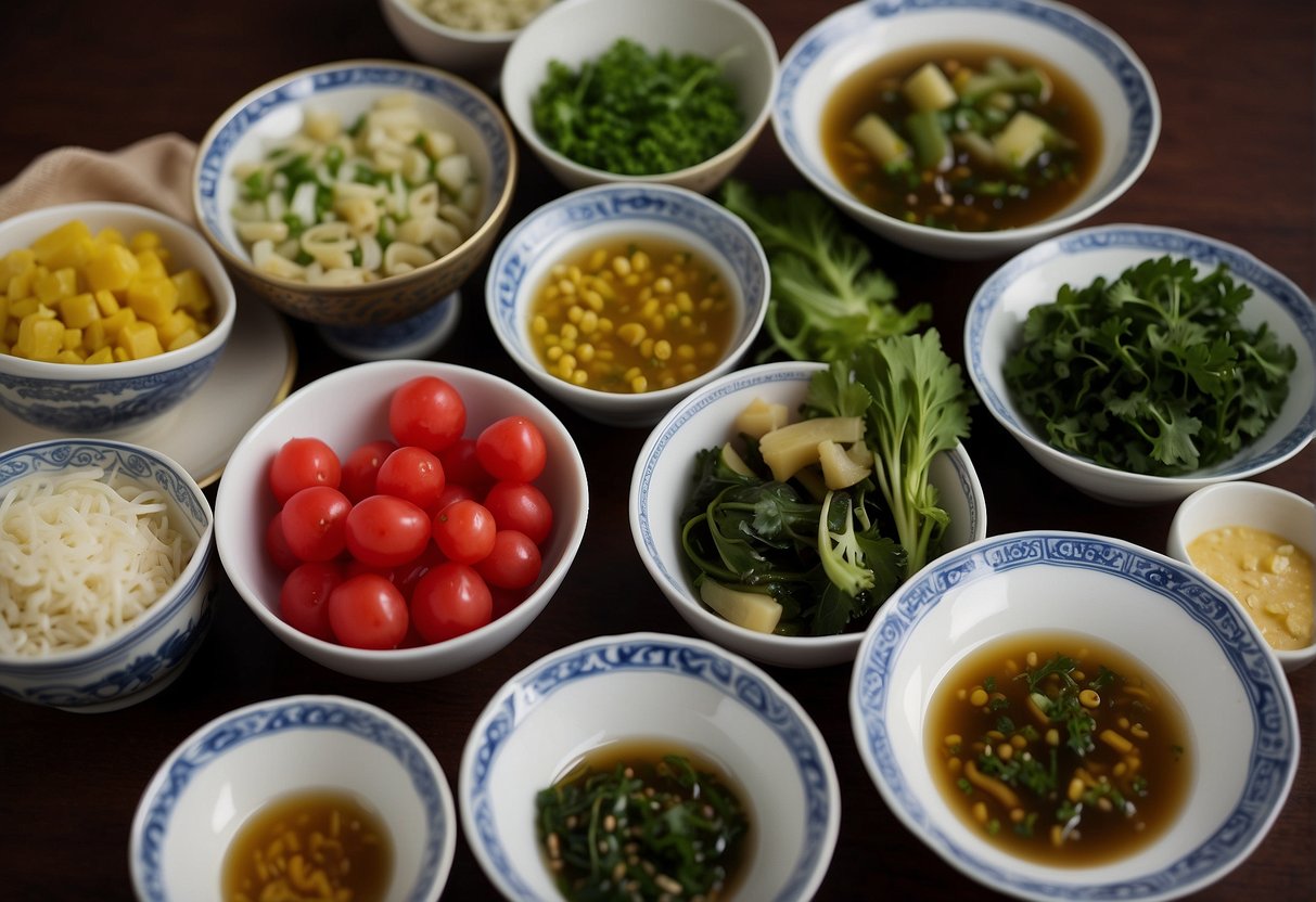 A table set with various preserved vegetable dishes, including pickled radish and mustard greens, arranged in traditional Chinese ceramic bowls