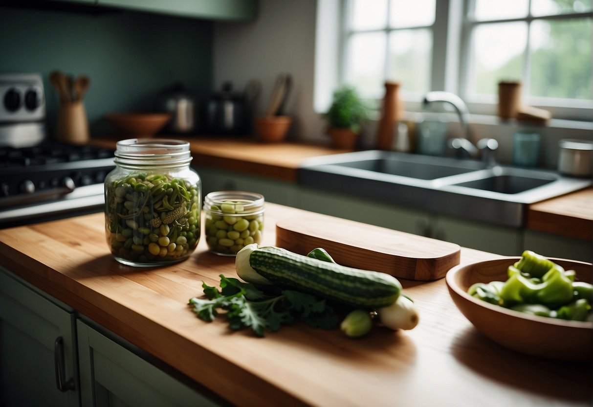 A kitchen counter with jars of preserved vegetables, a cutting board with a knife, and a recipe book open to a Chinese recipe for serving and storage