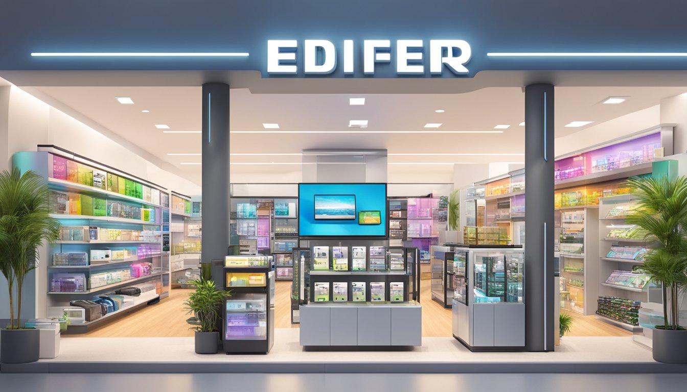 A bright and modern electronics store with shelves full of Edifier products, a prominent sign reading "Edifier Singapore Where to Buy" displayed at the front entrance