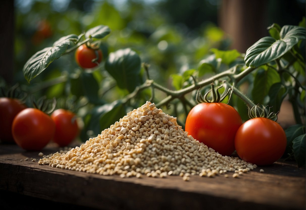 A pile of bone meal next to a healthy tomato plant with vibrant green leaves and ripe red tomatoes hanging from the vine