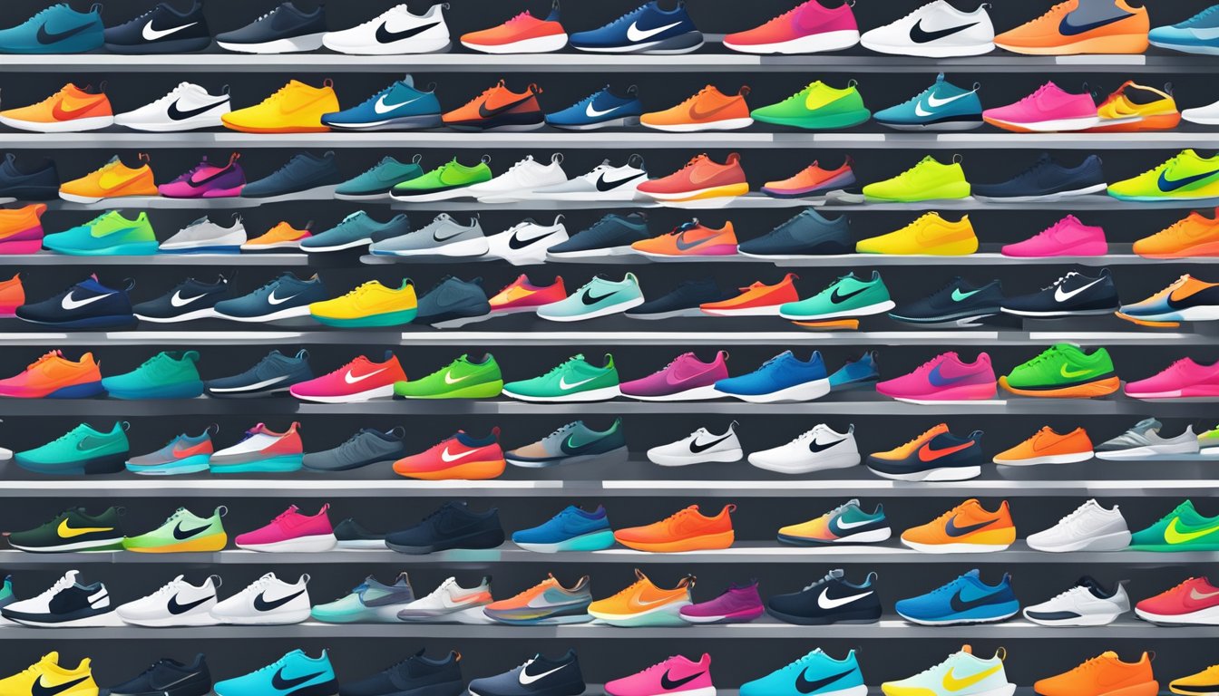 A hand reaches for a pair of Nike Roshe Run sneakers on a store shelf in Singapore. The iconic swoosh logo and sleek design stand out against the backdrop of other shoe options