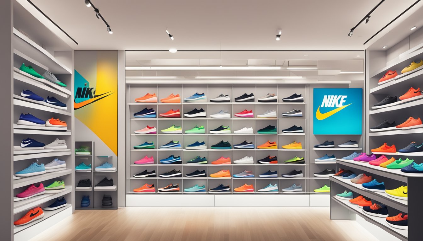 A store display of Nike Roshe Run shoes in a Singaporean retail shop, with a prominent "Where to buy" sign