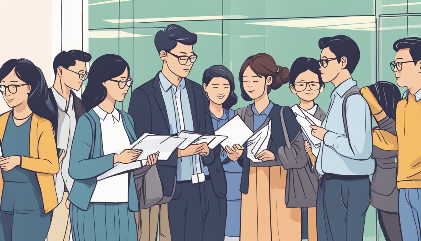 A group of people standing in line outside a government office, holding documents and discussing eligibility to buy resale EC in Singapore