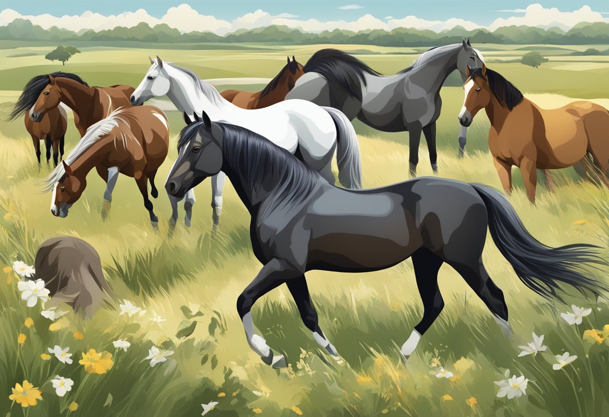 Horses of various breeds grazing in a diverse landscape, showcasing the history and development of horse breeds