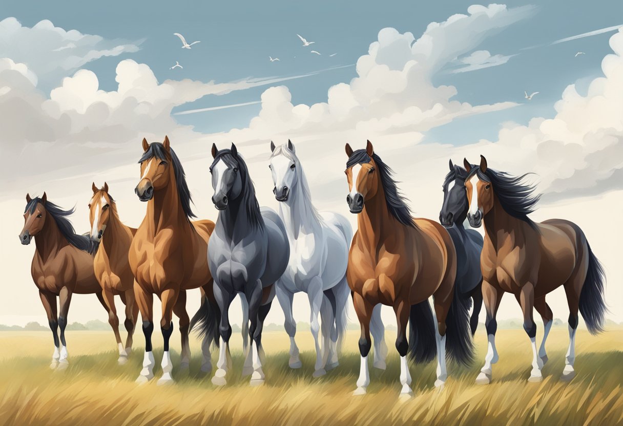 A variety of horse breeds stand in a spacious field, showcasing their unique characteristics through their distinct colors, sizes, and builds