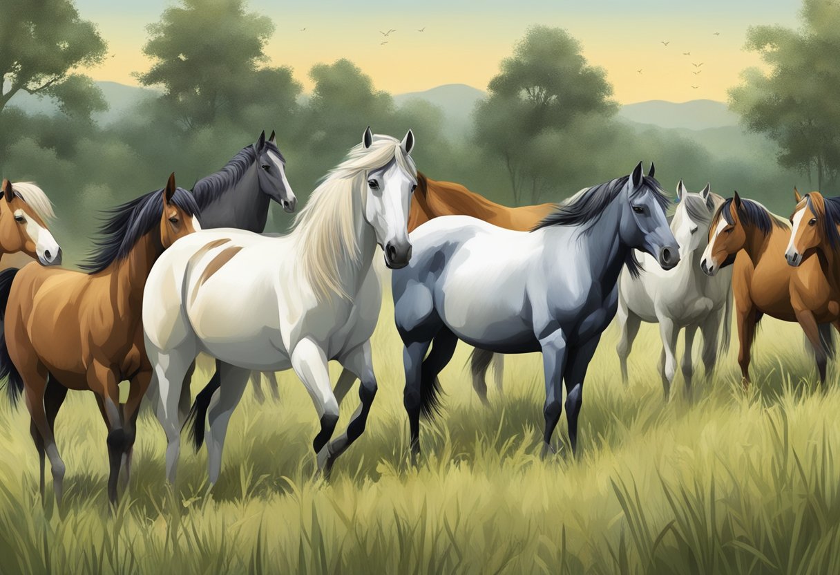 A herd of rare and endangered horse breeds graze in a lush, sprawling meadow, their unique features and distinct markings on display