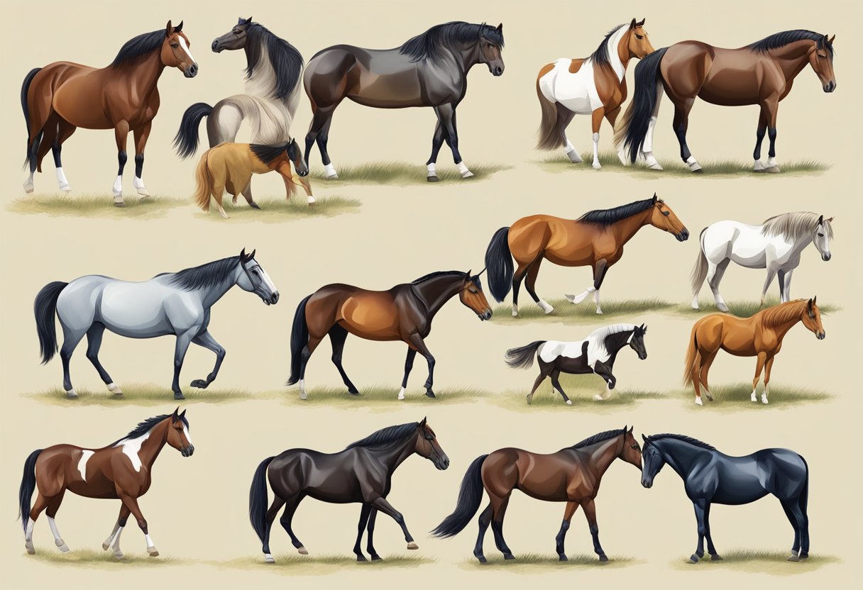 Various horse breeds grazing in their respective regions, showcasing diverse physical characteristics and temperaments