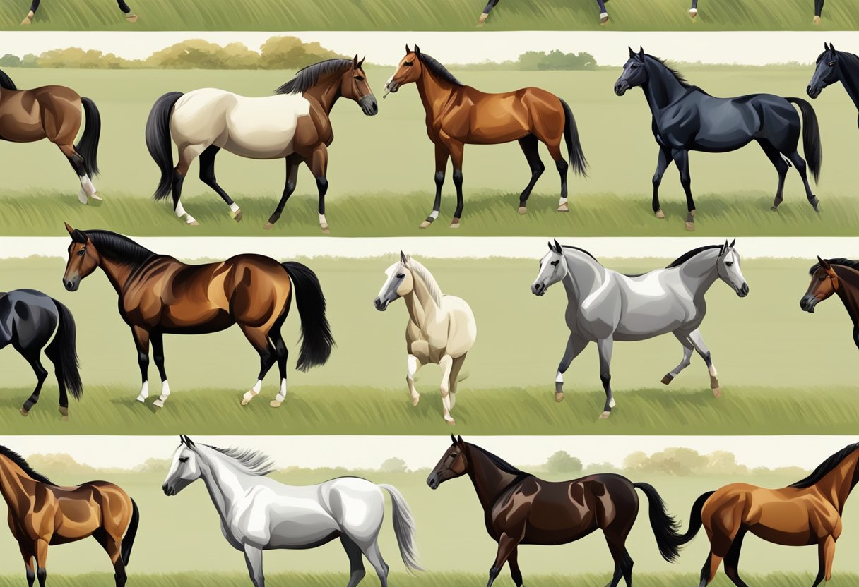 Various horse breeds in a field, including Thoroughbreds, Arabians, and Quarter Horses, each showcasing their unique characteristics and uses