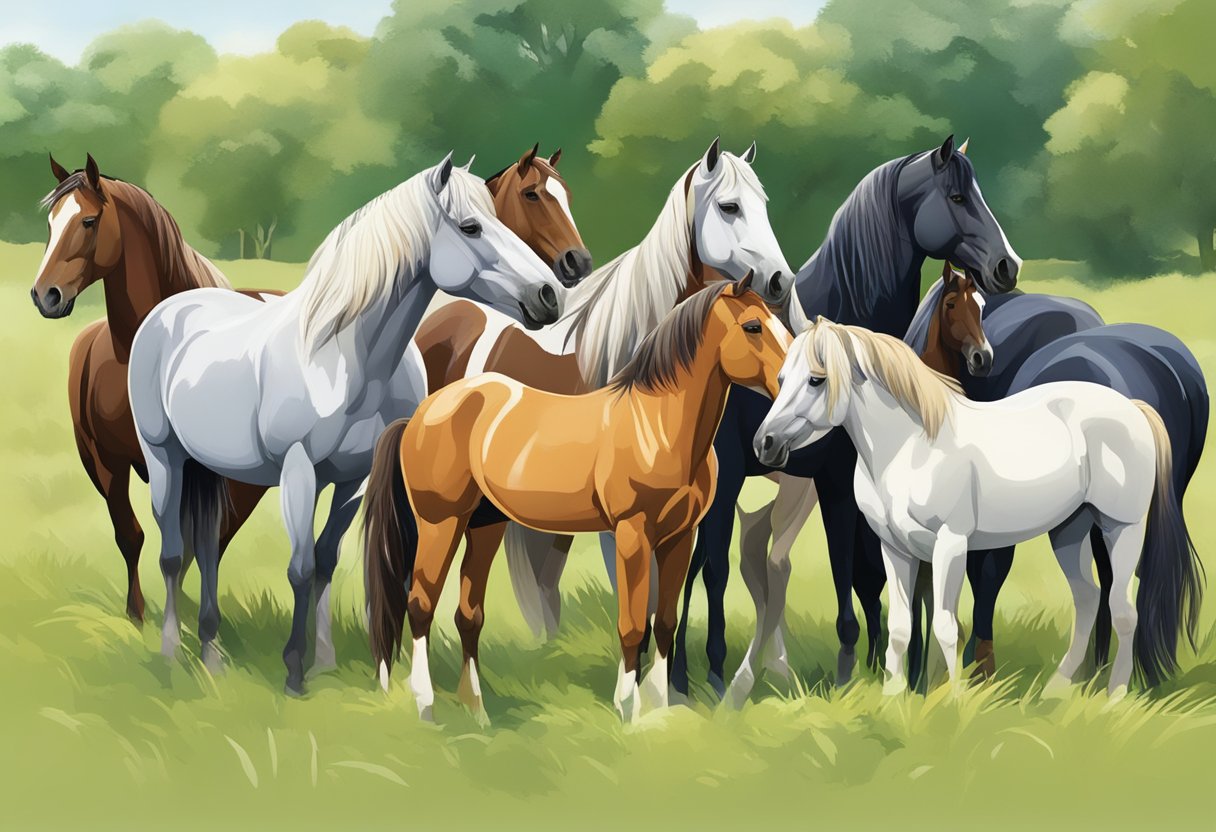 A group of diverse horse breeds graze together in a lush, green pasture, showcasing their unique colors, sizes, and features