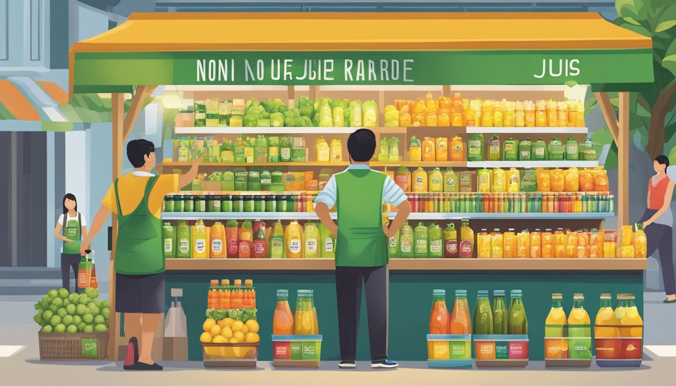 A bustling market stall displays bottles of noni juice in Singapore. The vibrant labels catch the eye, while a friendly vendor stands ready to assist customers
