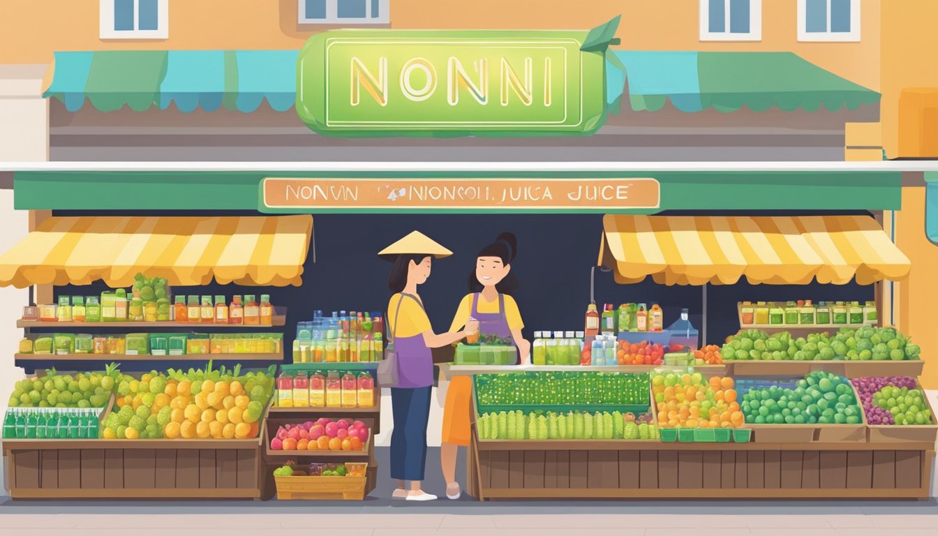 A bustling market stall displays bottles of Noni juice in Singapore. Brightly colored signs advertise the product, drawing in potential customers