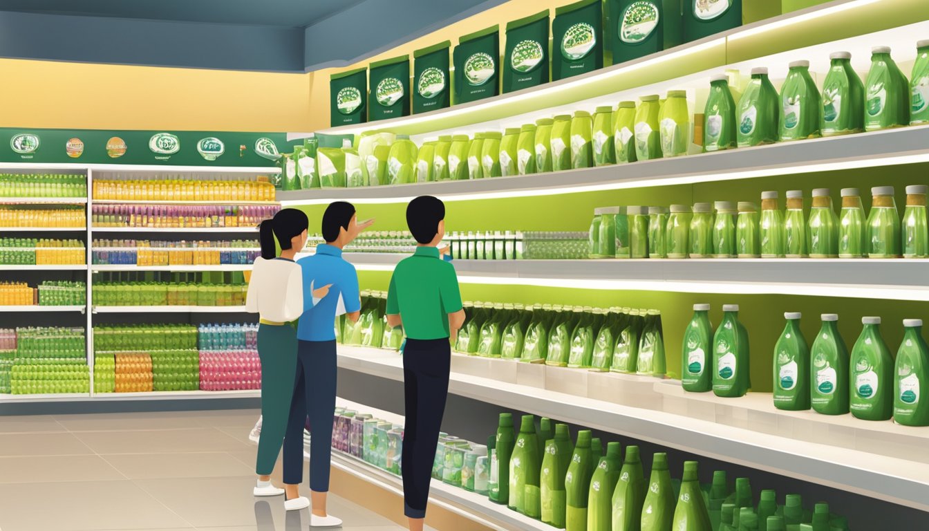 A display of noni juice bottles on shelves in a Singapore store. Customers browsing and asking questions to staff