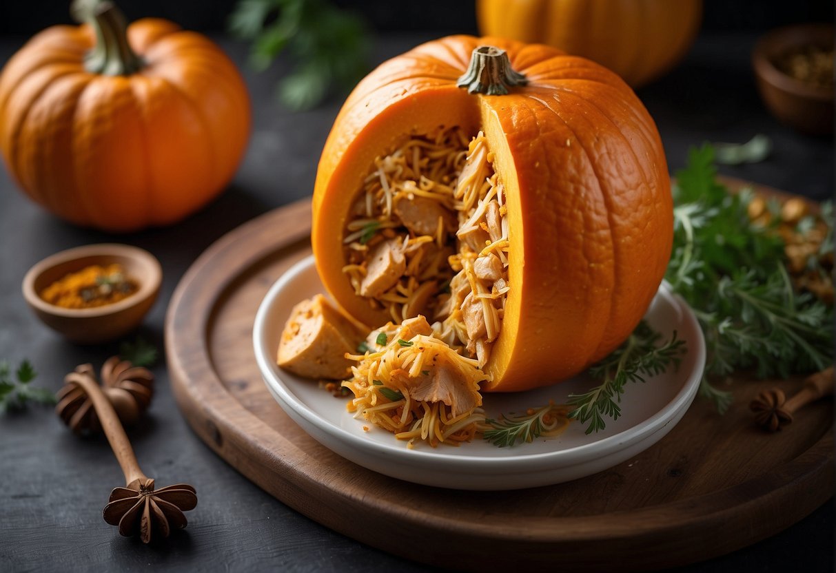 A whole pumpkin being stuffed with seasoned chicken and Chinese spices