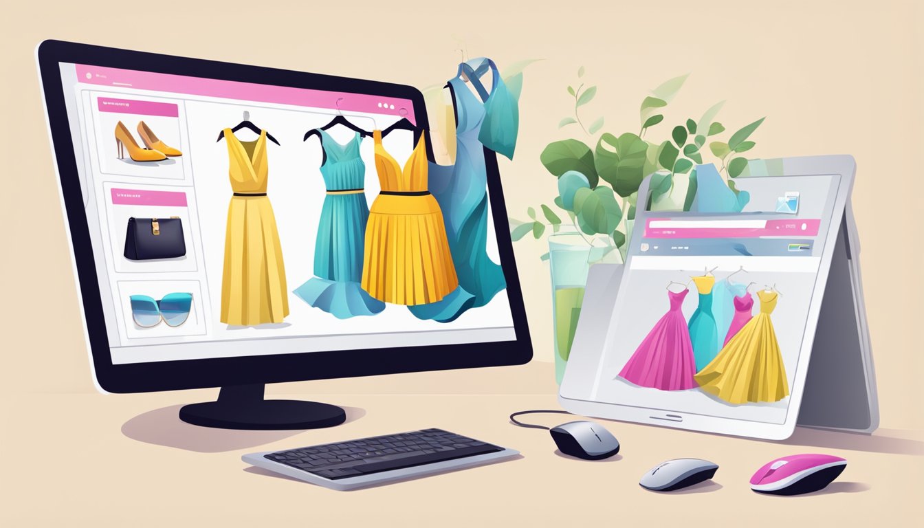 A computer screen displaying an online store with various cocktail dresses, a credit card, and a mouse cursor clicking "buy now."