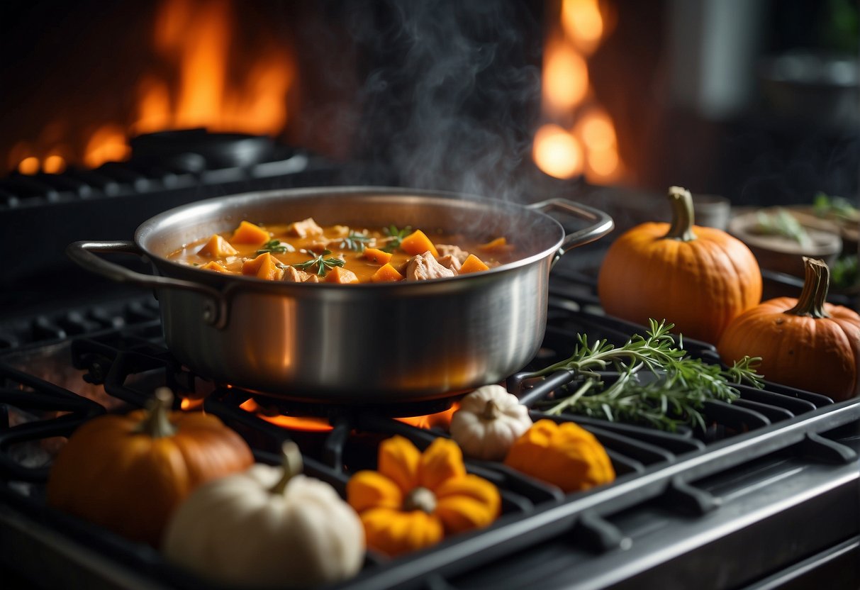 A pot simmering on a stove, filled with chunks of pumpkin and tender chicken, surrounded by aromatic Chinese spices and herbs